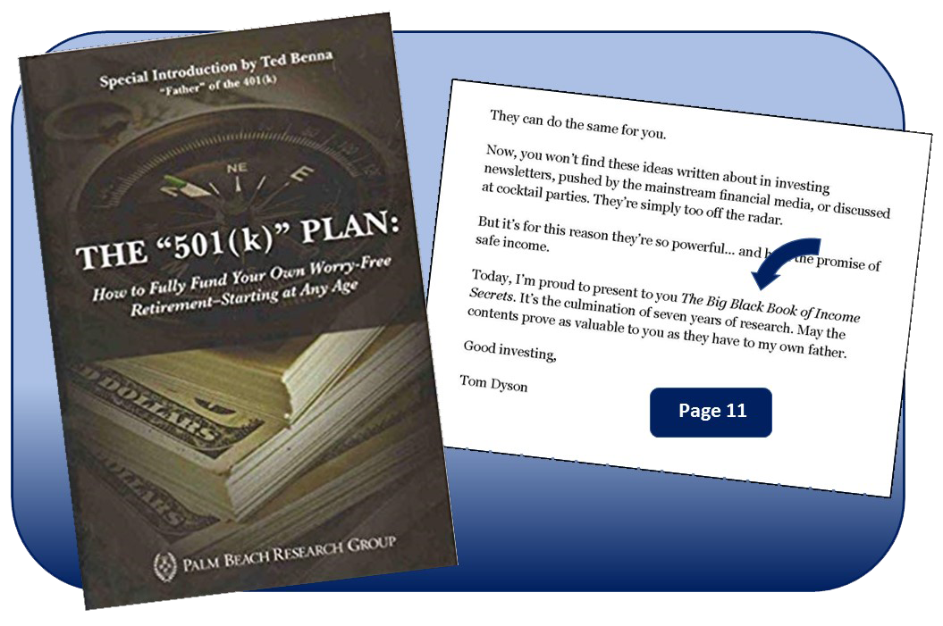 Side-by-side comparison of cover and page 11 of The “501(k)” Plan book, showing where Palm Beach Research Group forgot to change the name of the book on page 11, when they put a new cover on The Big Black Book of Income Secrets and began offering it as The “501(k)” Plan