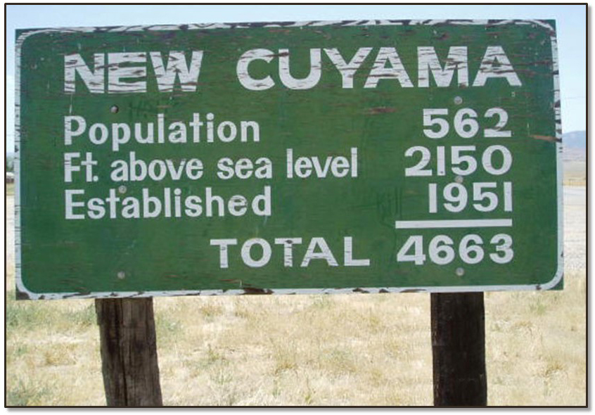 Roadside sign showing the total of New Cuyama’s population, plus its elevation, plus the year it was established